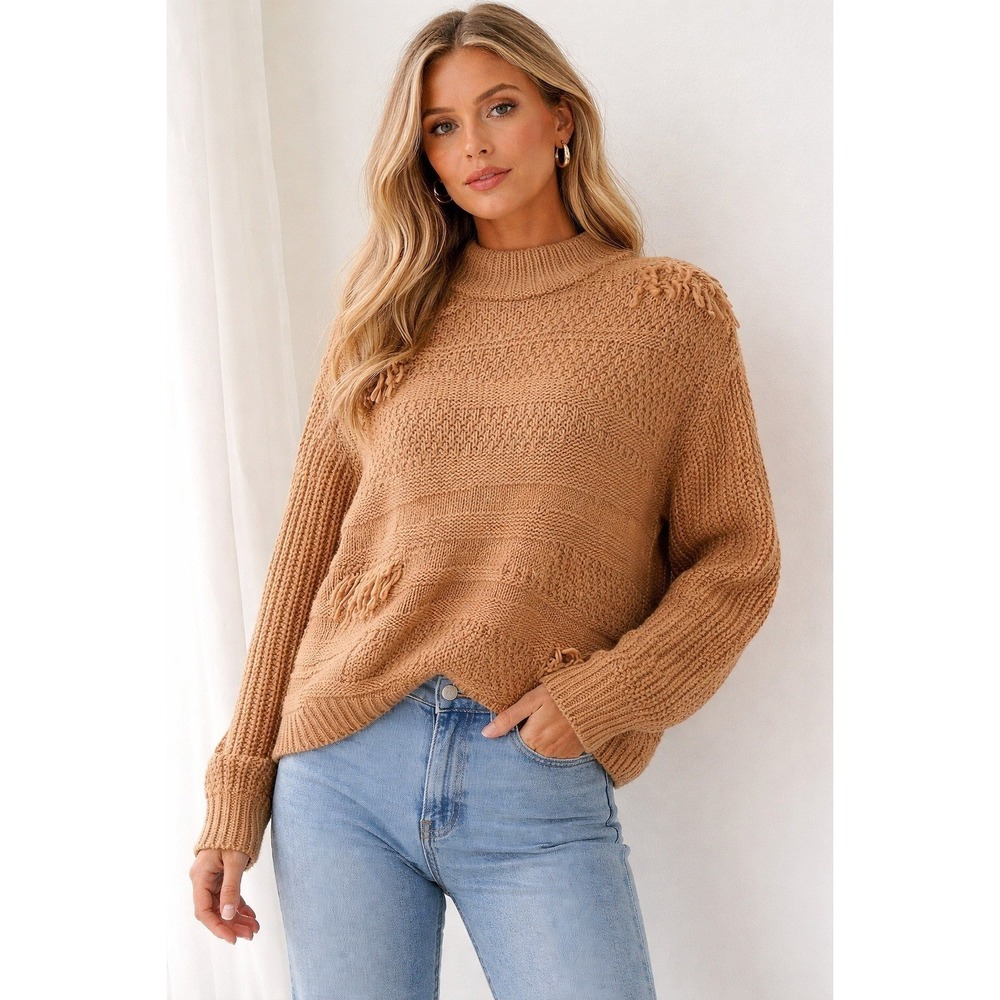 Maurices Tan Fringe Textured Knit Mock Neck Sweater Womens L cottagecore boho
